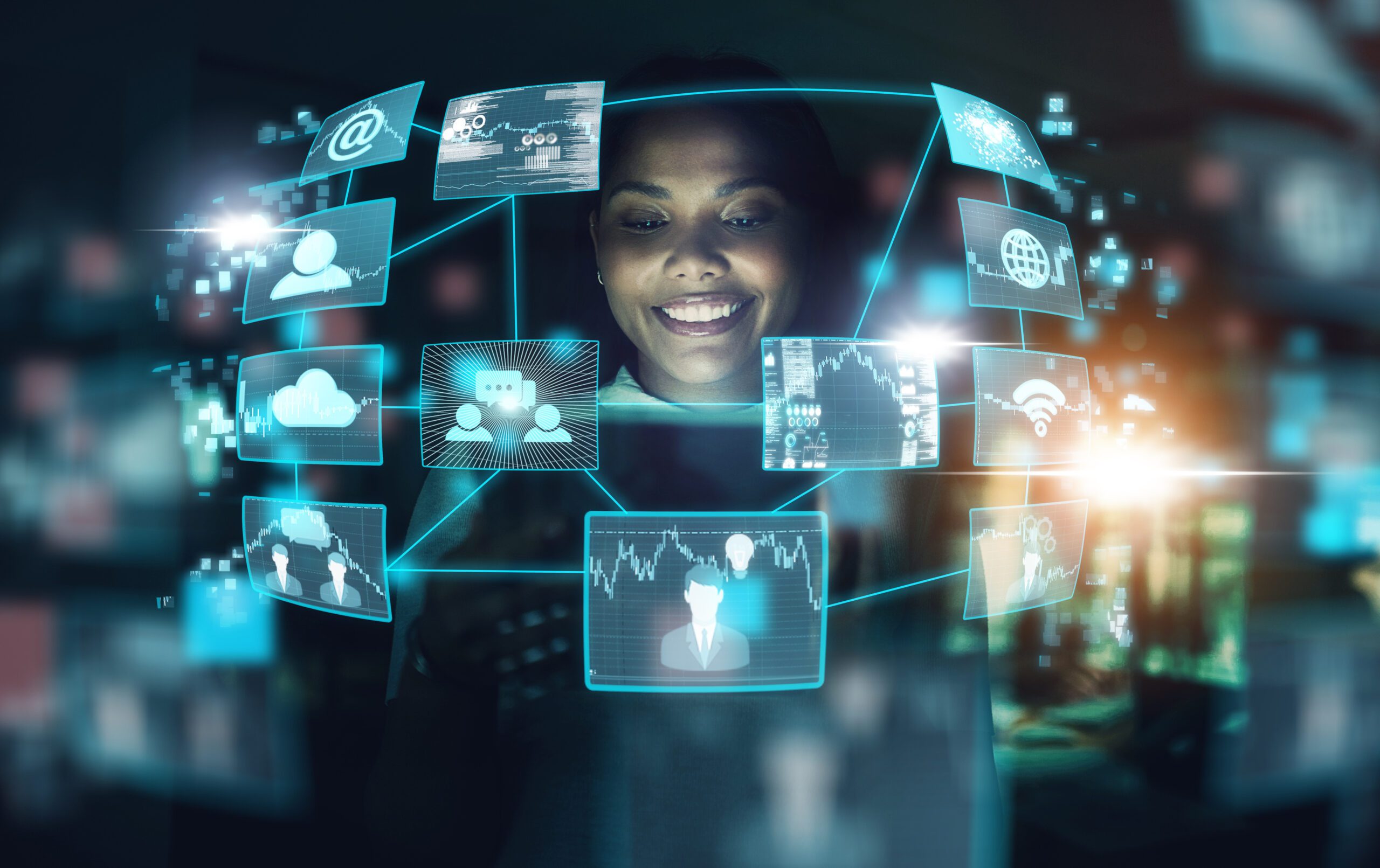 technology-ai-business-woman-networking-trading-night-using-virtual-ux-interface-work-female-using-big-data-hologram-with-futuristic-5g-network-social-connections-dark-office-scaled Technology, ai and business woman networking or trading at night using virtual UX interface at work. Female using big data hologram with futuristic 5g network and social connections in dark office.